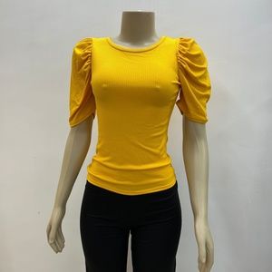 Mustard Women's Puff Short Sleeve Casual Blouse Summer Top